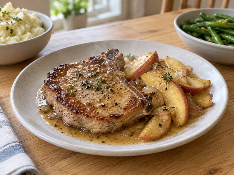 Illustration of Pork chop w/ apple & white wine