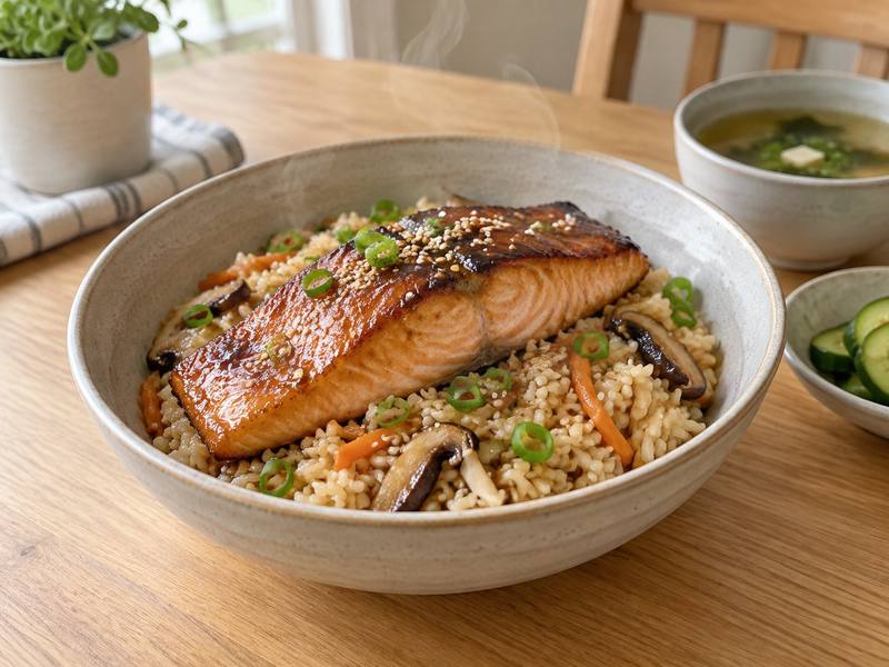 Illustration of One-pot soy miso salmon rice