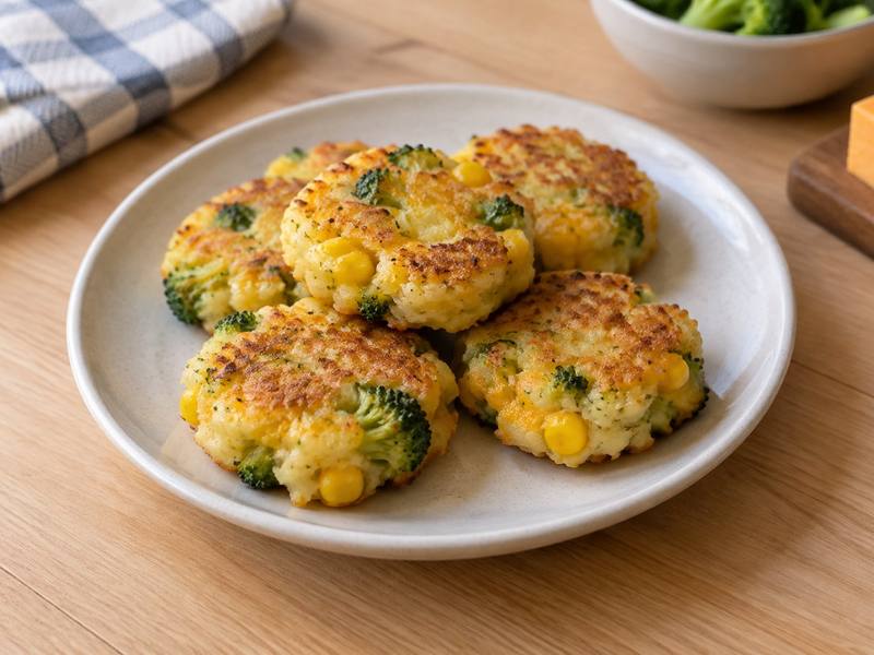 Illustration of Veg cake (potato, corn, broccoli, cheddar)